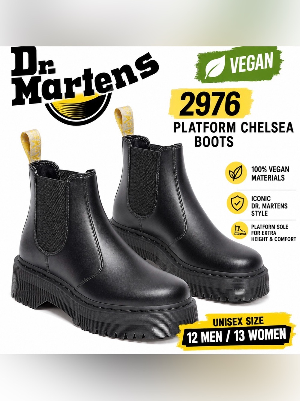 Dr. Marten Unisex Vegan 2976 Platform Chelsea Boots in black, US Size 12 Men/13